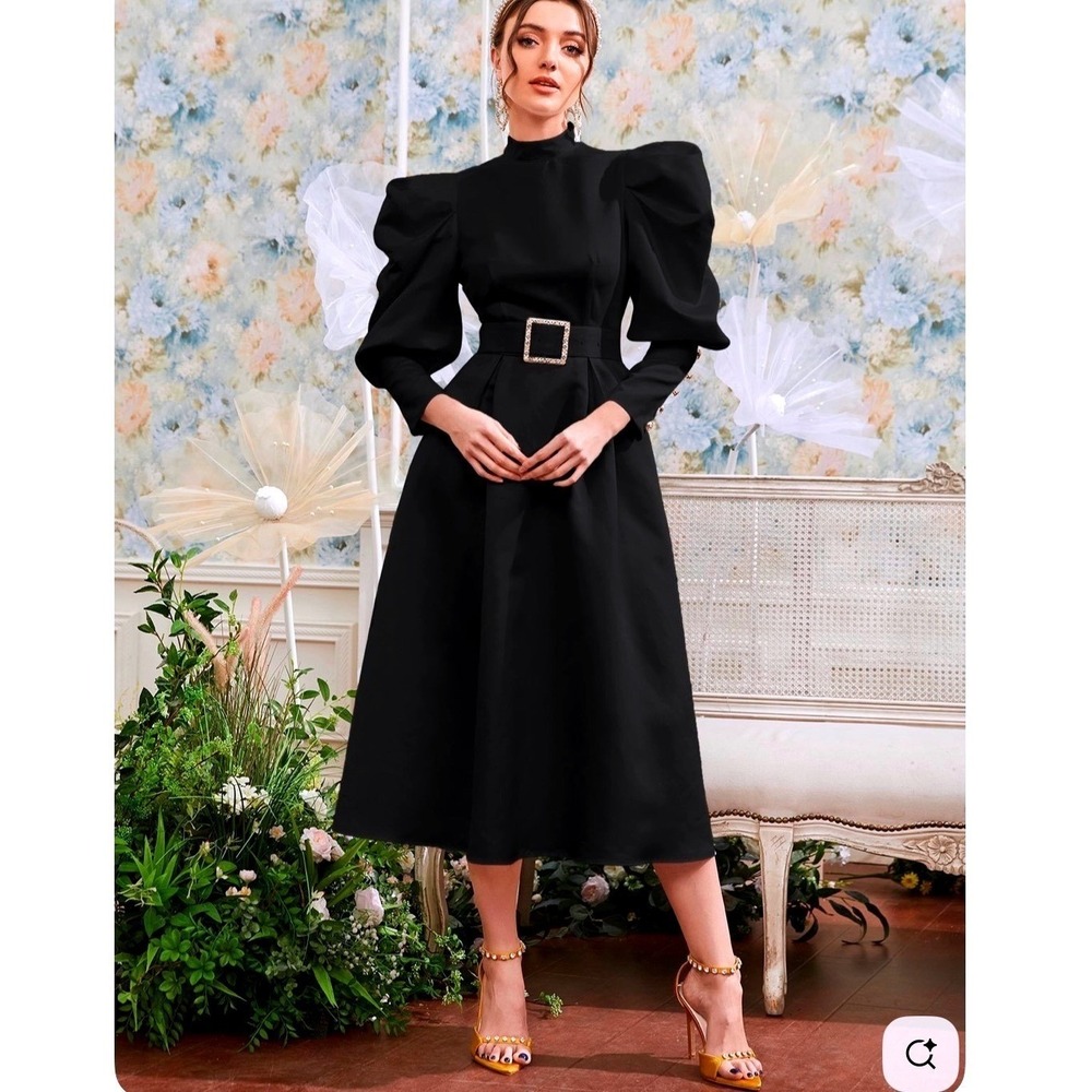 SHEIN Gigot Women's‎ Black Sleeve Buckle Belted Mock Neck Dress XS
